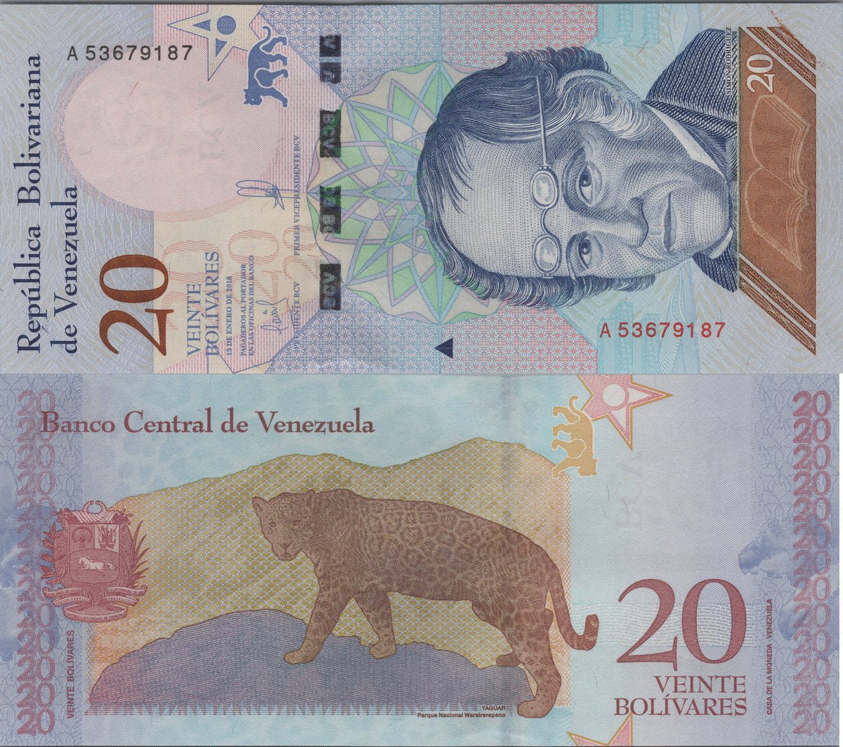 Venezuela 20 Bolivares Soberanos, B374a, 2018, Uncirculated; features a Jaguar