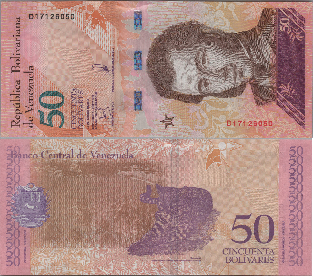 Venezuela 50 Bolivares Soberanos, B375a, 2018, Uncirculated; features a Lowland Tapir