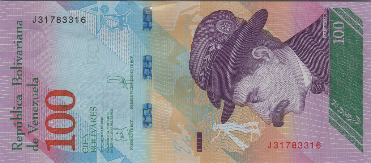 Venezuela 100 Bolivares Soberanos, B376b, 2018, Uncirculated; features a Brown-headed Spider Monkey