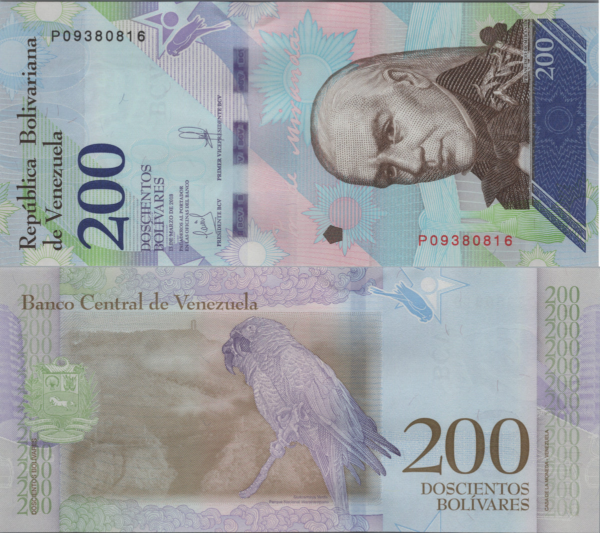 Venezuela 200 Bolivares Soberanos, B377b, 2018, Uncirculated; features a Military Macaw