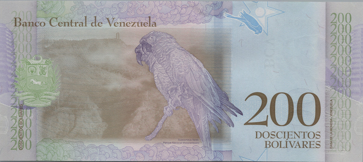 Venezuela 200 Bolivares Soberanos, B377b, 2018, Uncirculated; features a Military Macaw