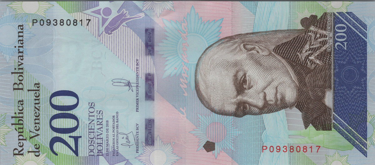 Venezuela 200 Bolivares Soberanos, B377b, 2018, Uncirculated; features a Military Macaw