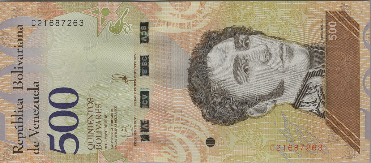 Venezuela 500 Bolivares Soberanos, B378b, 2018, Uncirculated; features a Venezuelan Troupial