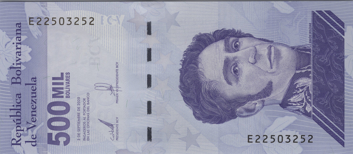 Venezuela 500,000 Bolivares, B383a, Uncirculated, 2020; features Simon Bolivar