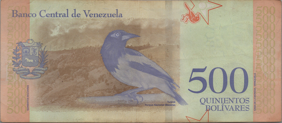 Venezuela 500 Bolivares Soberanos, B378b, 2018, Circulated; features a Venezuelan Troupial