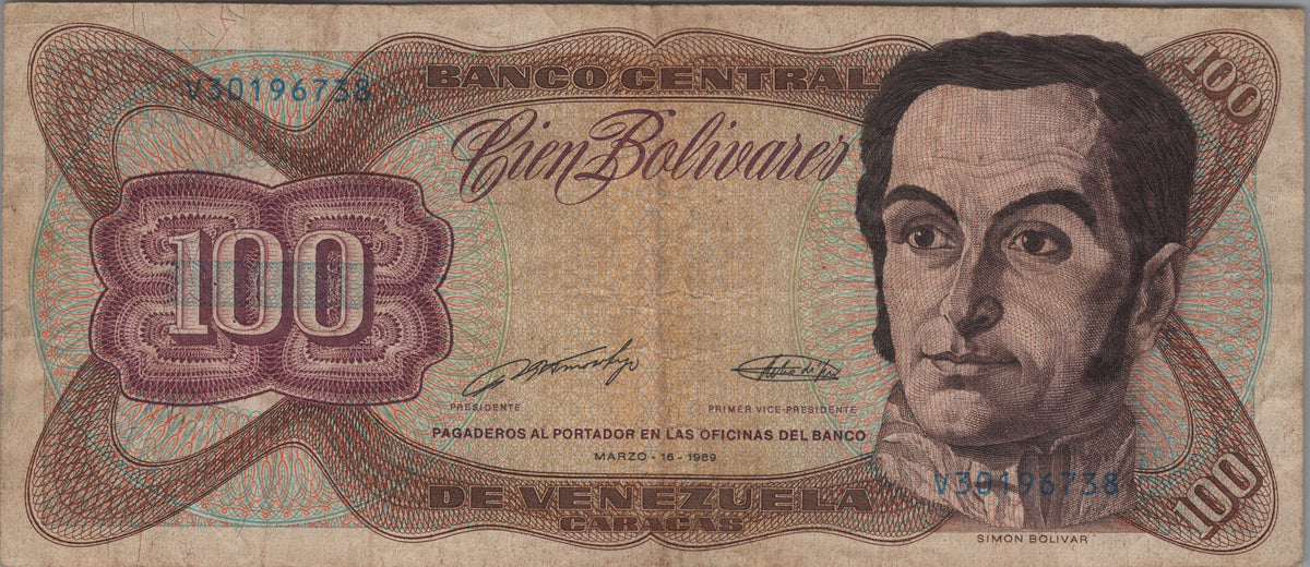 Venezuela 100 Bolivares, P66i, 1989, Circulated; features Simón Bolívar