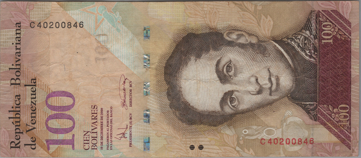 Venezuela 100 Bolivares Fuertes, P93b, 2008, Circulated; features a Black-hooded Red Siskin