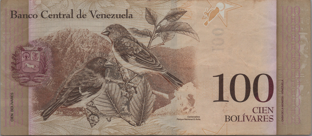 Venezuela 100 Bolivares Fuertes, P93f, 2012, Circulated; features a Black-hooded Red Siskin