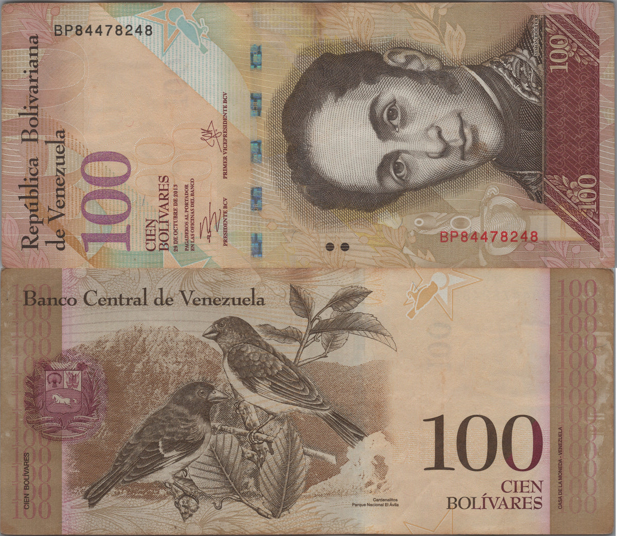 Venezuela 100 Bolivares Fuertes, P93g, 2013, Circulated; features a Black-hooded Red Siskin