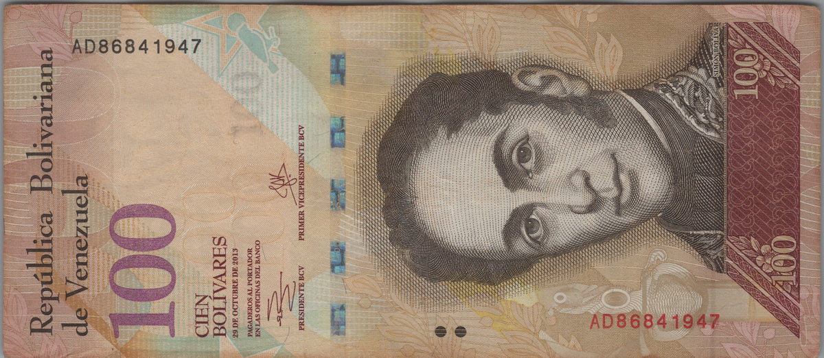 Venezuela 100 Bolivares Fuertes, P93g, 2013, Circulated; features a Black-hooded Red Siskin