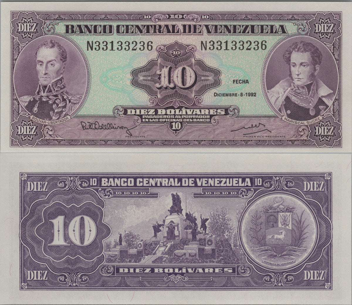 Venezuela 10 Bolivares, P61c, 1992, Uncirculated; features the Battle of Carabobo Monument