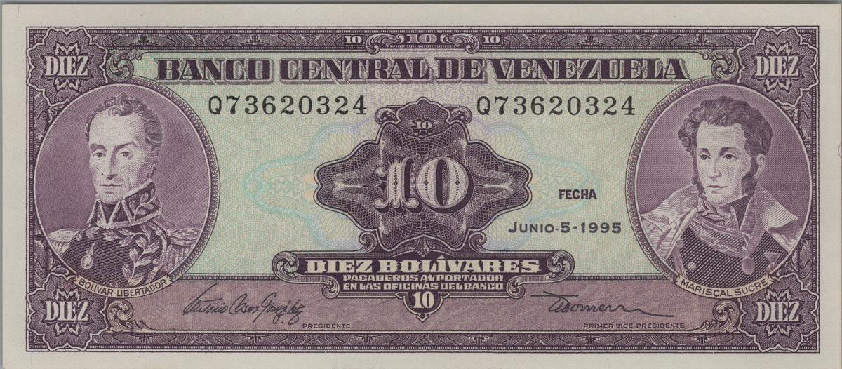 Venezuela 10 Bolivares, P61d, 1995, Uncirculated; features the Battle of Carabobo Monument