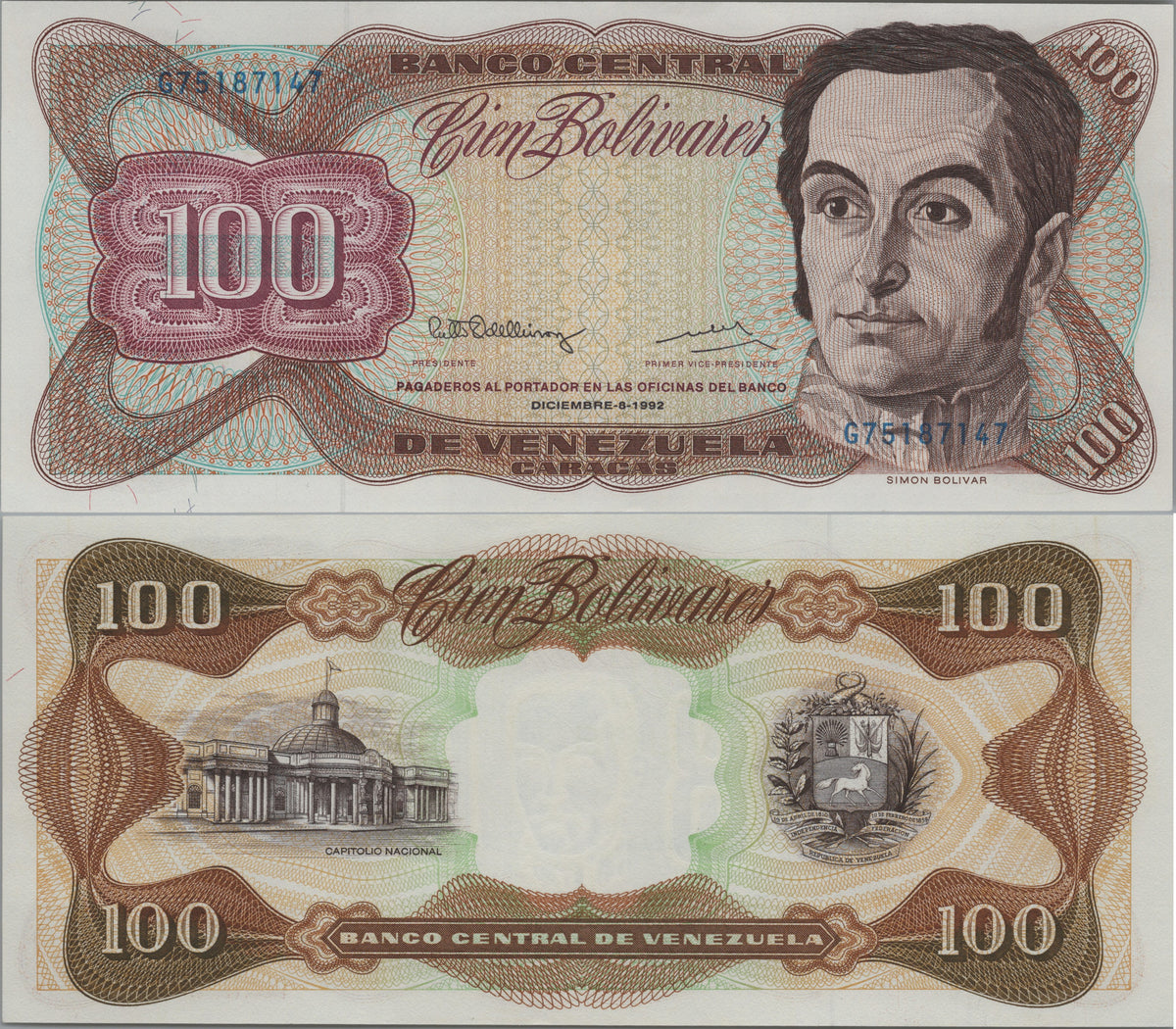 Venezuela 100 Bolivares, P66l, 1992, Uncirculated; features Capitolio Nacional
