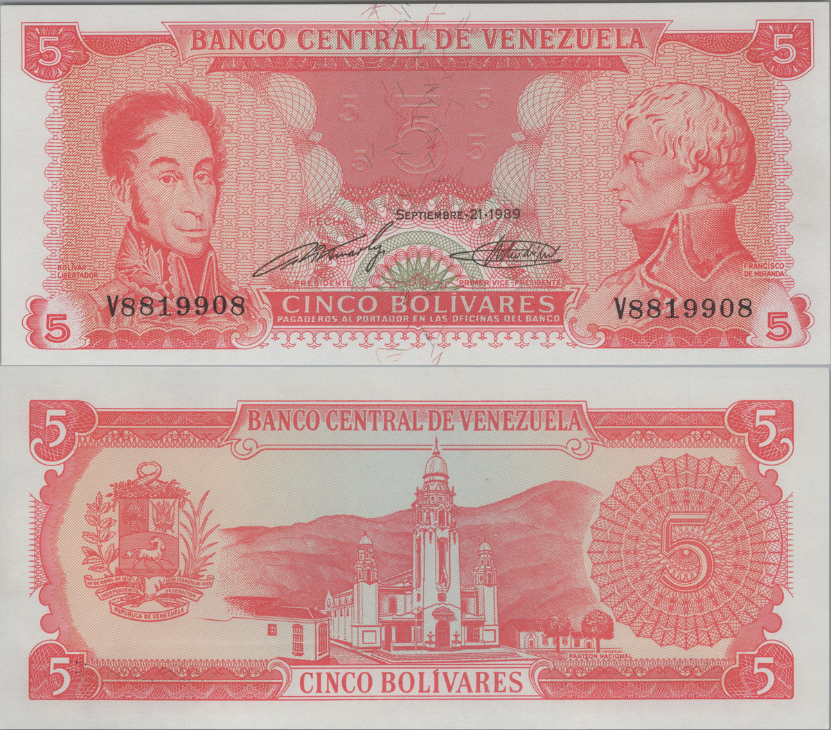 Venezuela 5 Bolivares, P70a, 1989, Uncirculated; features Simón Bolívar