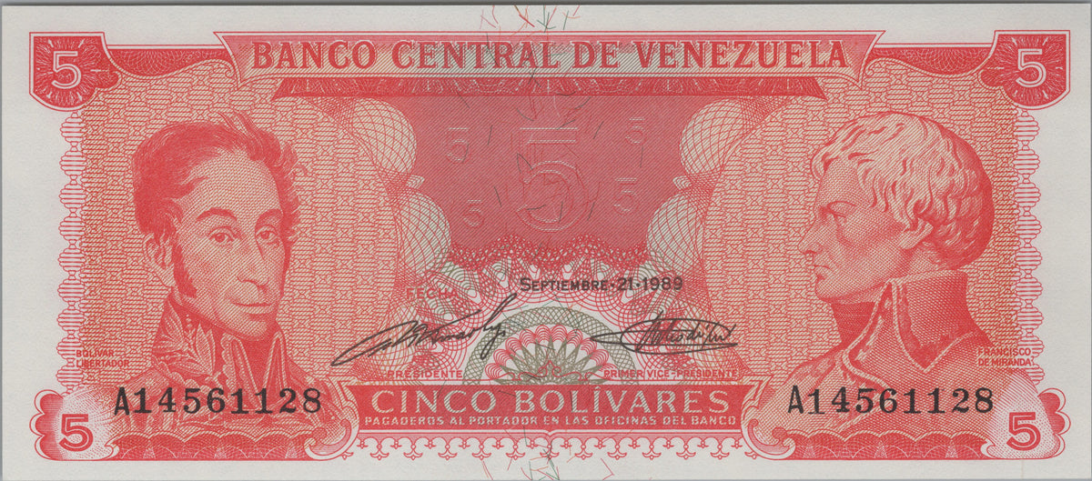 Venezuela 5 Bolivares, P70b, 1989, Uncirculated; features Simón Bolívar