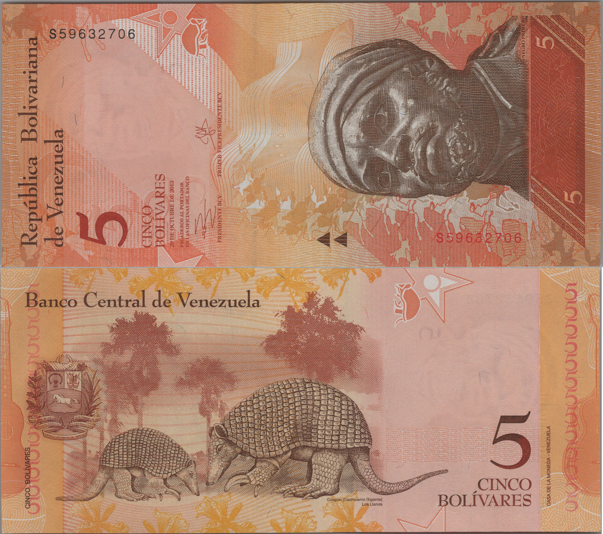 Venezuela 5 Bolivares Fuertes, P89e, 2013, Uncirculated; features a Giant Armadillo