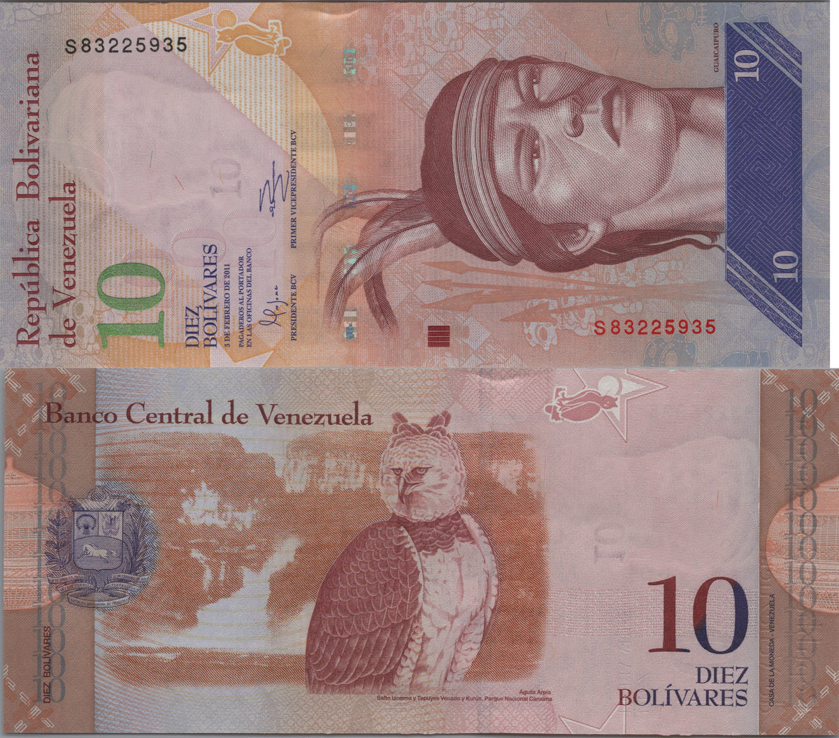 Venezuela 10 Bolivares Fuertes, P90c, 2011, Uncirculated; features a Harpy Eagle