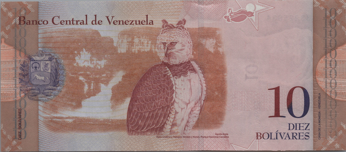 Venezuela 10 Bolivares Fuertes, P90c, 2011, Uncirculated; features a Harpy Eagle