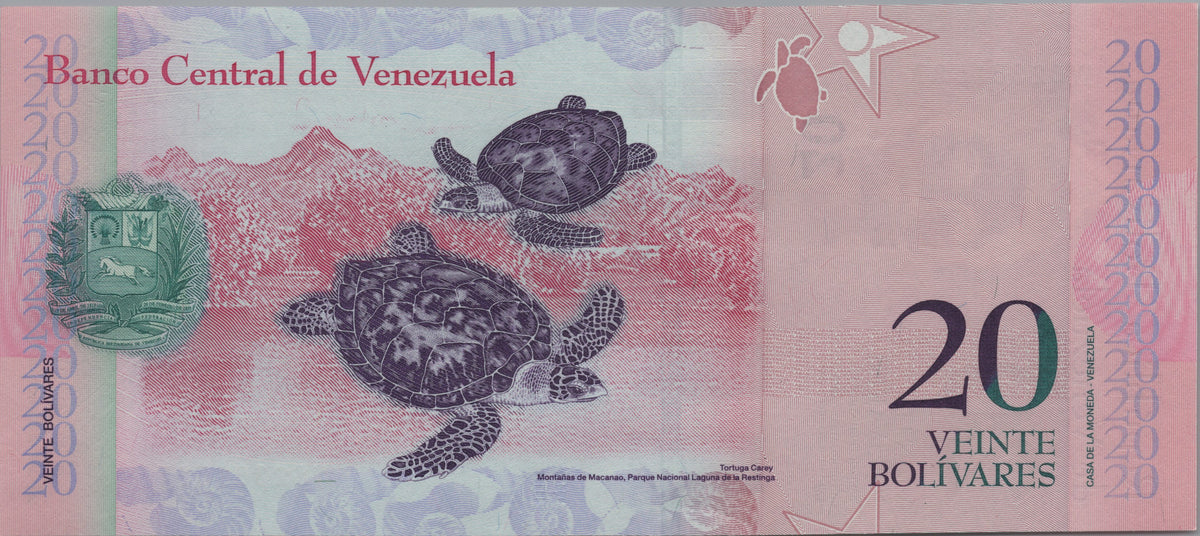 Venezuela 20 Bolivares Fuertes, P91f, 2013, Uncirculated; features a Hawksbill Turtle