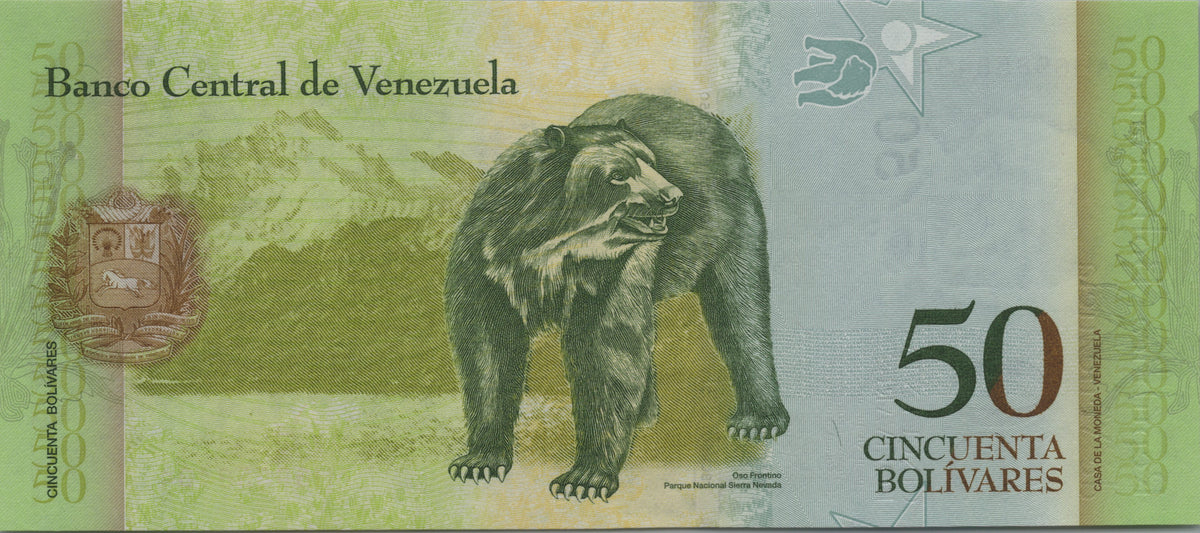Venezuela 50 Bolivares Fuertes, P92j, 2015, Uncirculated; features a Spectacled Bear