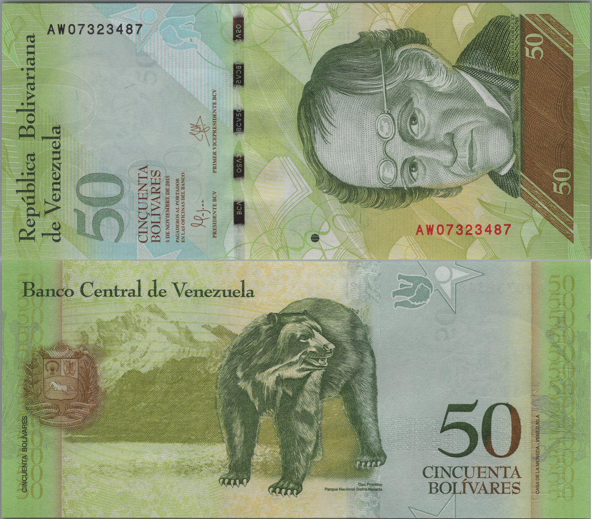 Venezuela 50 Bolivares Fuertes, P92k, 2015, Uncirculated; features a Spectacled Bear