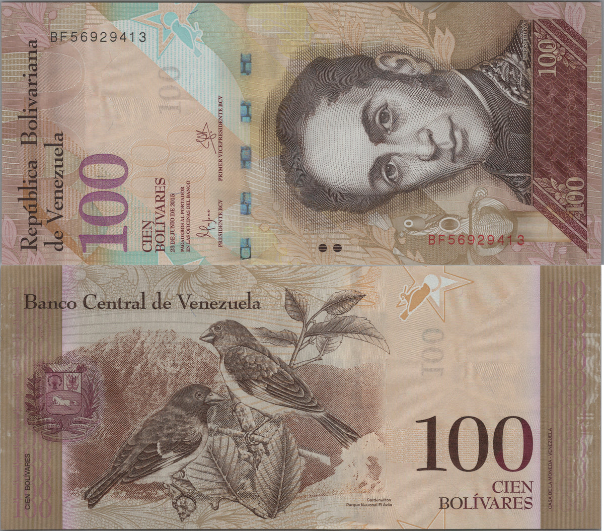Venezuela 100 Bolivares Fuertes, P93i, 2015, Uncirculated; features a Black-hooded Red Siskin