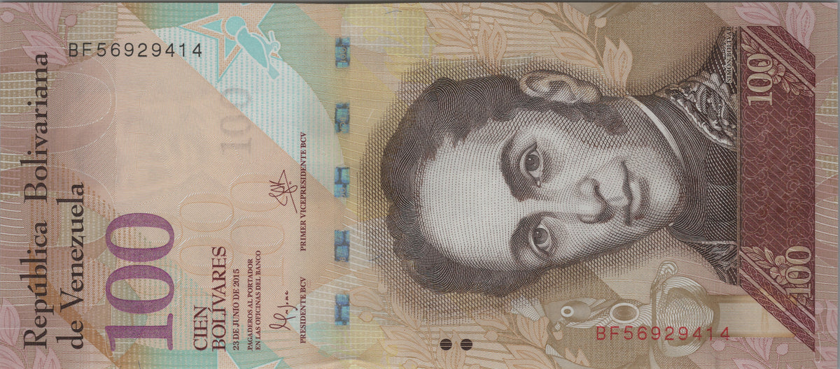 Venezuela 100 Bolivares Fuertes, P93i, 2015, Uncirculated; features a Black-hooded Red Siskin