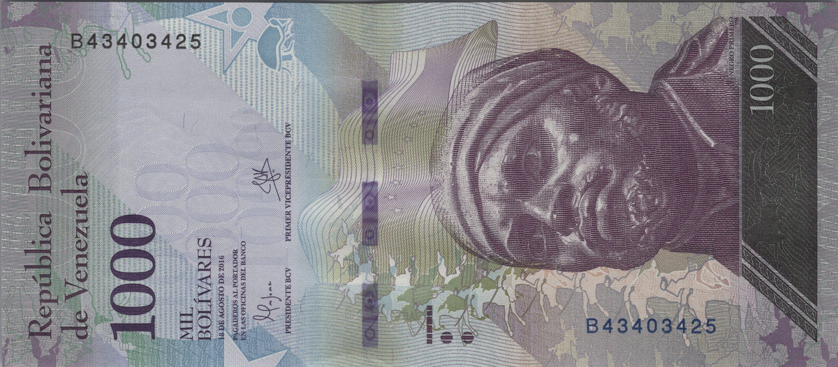 Venezuela 1000 Bolivares, P95a, 2016, Uncirculated; features a Giant Armadillo