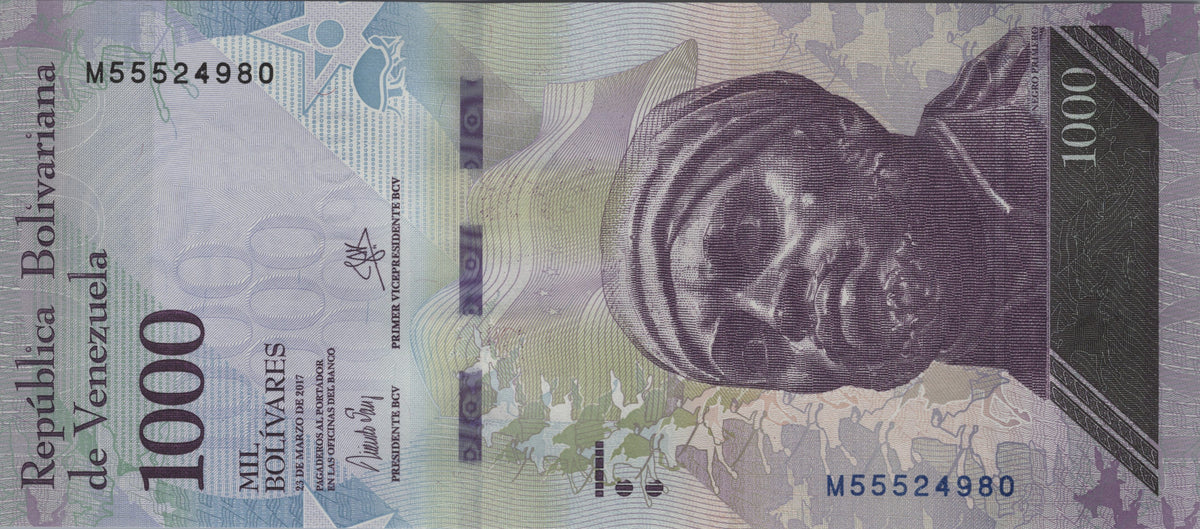 Venezuela 1000 Bolivares, P95b, 2017, Uncirculated; features a Giant Armadillo