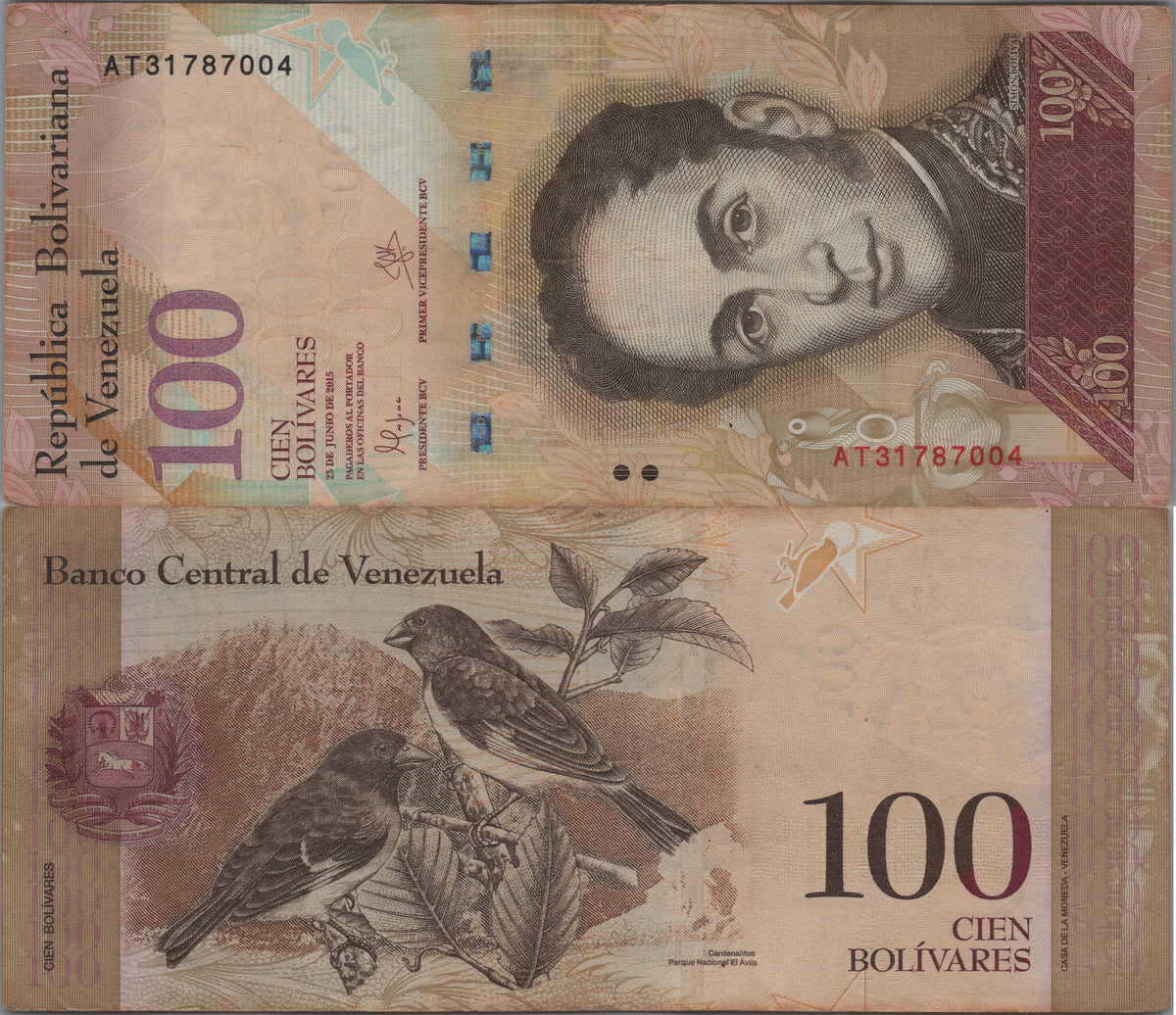 Venezuela 100 Bolivares, P-93i, CIRCULATED from 2015; features Simon Bolivar; 2 Birds