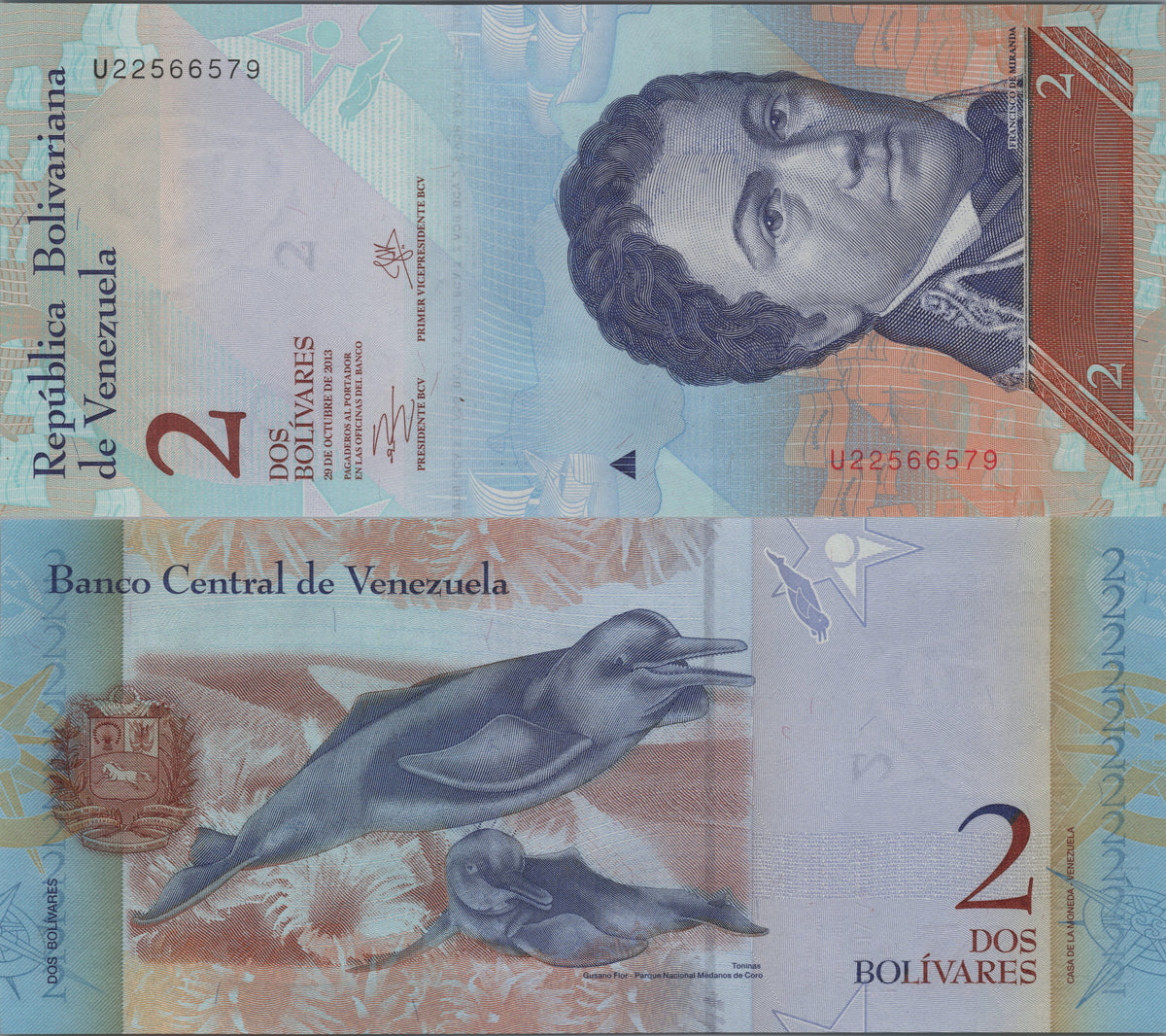 Venezuela 2 Bolivares Fuertes, P88f, 2013, Uncirculated; features Francisco de Miranda