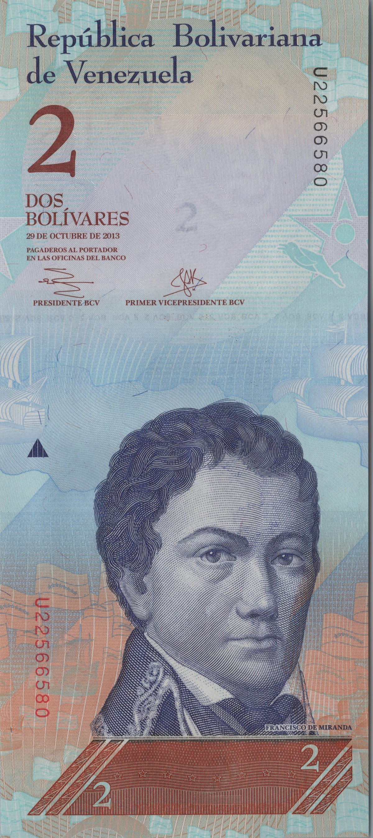 Venezuela 2 Bolivares Fuertes, P88f, 2013, Uncirculated; features Francisco de Miranda
