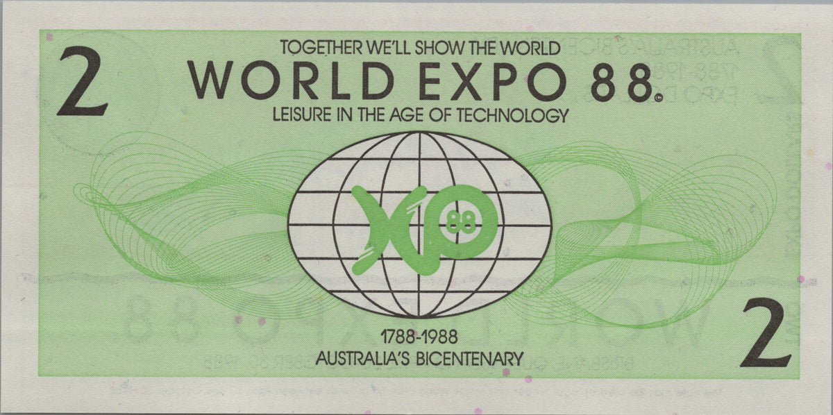 Australia World Expo 88, 2 Expo Dollars, Uncirculated, 1988; Commemorative Souvenir Banknote