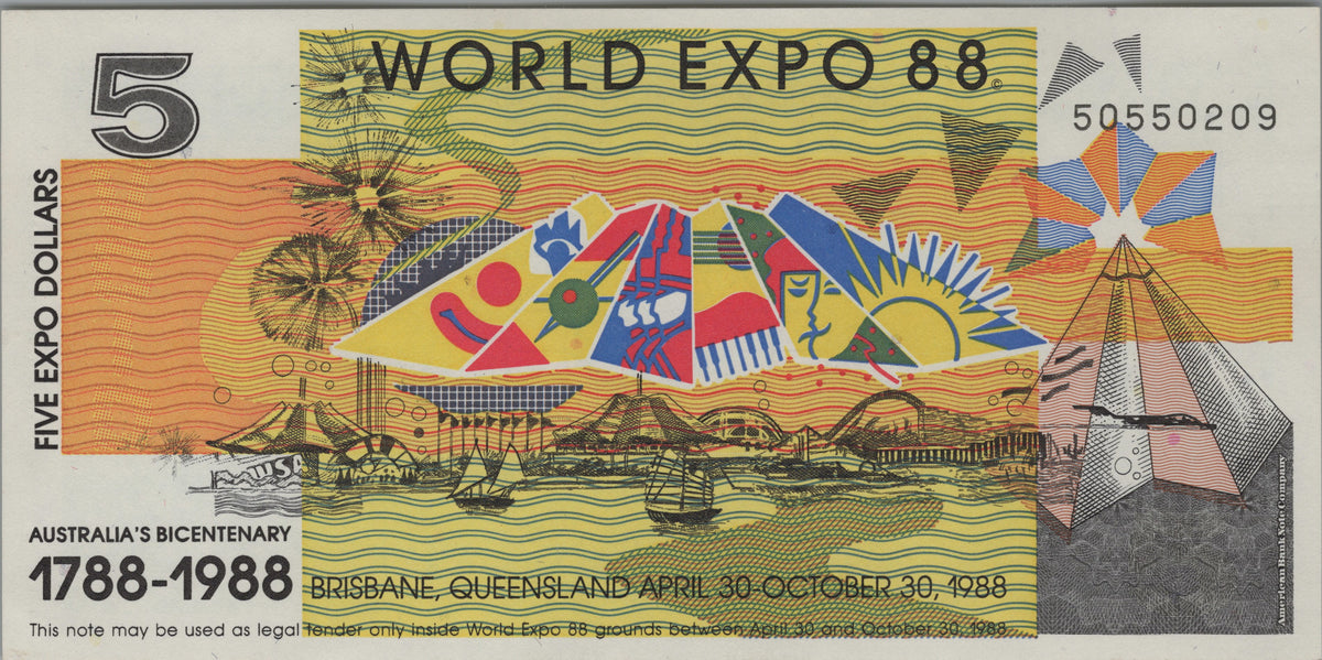 Australia World Expo 88, 5 Expo Dollars, Uncirculated, 1988; Commemorative Souvenir Banknote