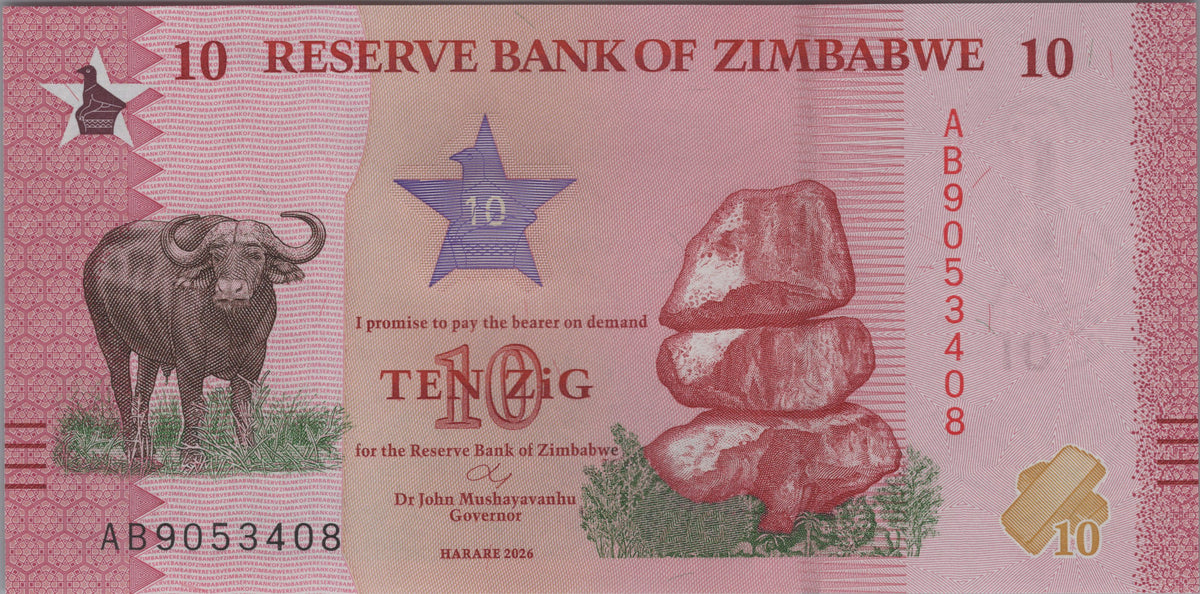 Zimbabwe 10 ZiG, B206a, 2026, UNCIRCULATED; features a Cape Buffalo