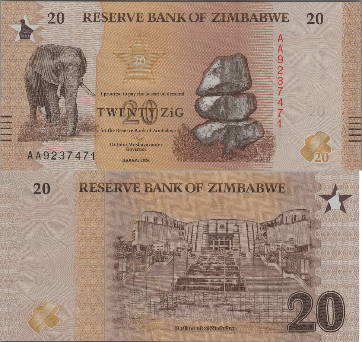 Zimbabwe 20 ZiG, B207a, 2026, UNCIRCULATED; features an Elephant