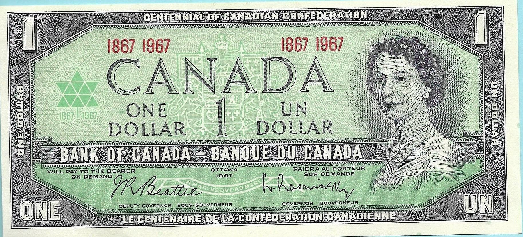1967 Canada One Dollar, P-84a, UNCIRCULATED ~ UNIQUE Serial 1867-1967 ~ Shipped in the best Protective Mylar Currency holder