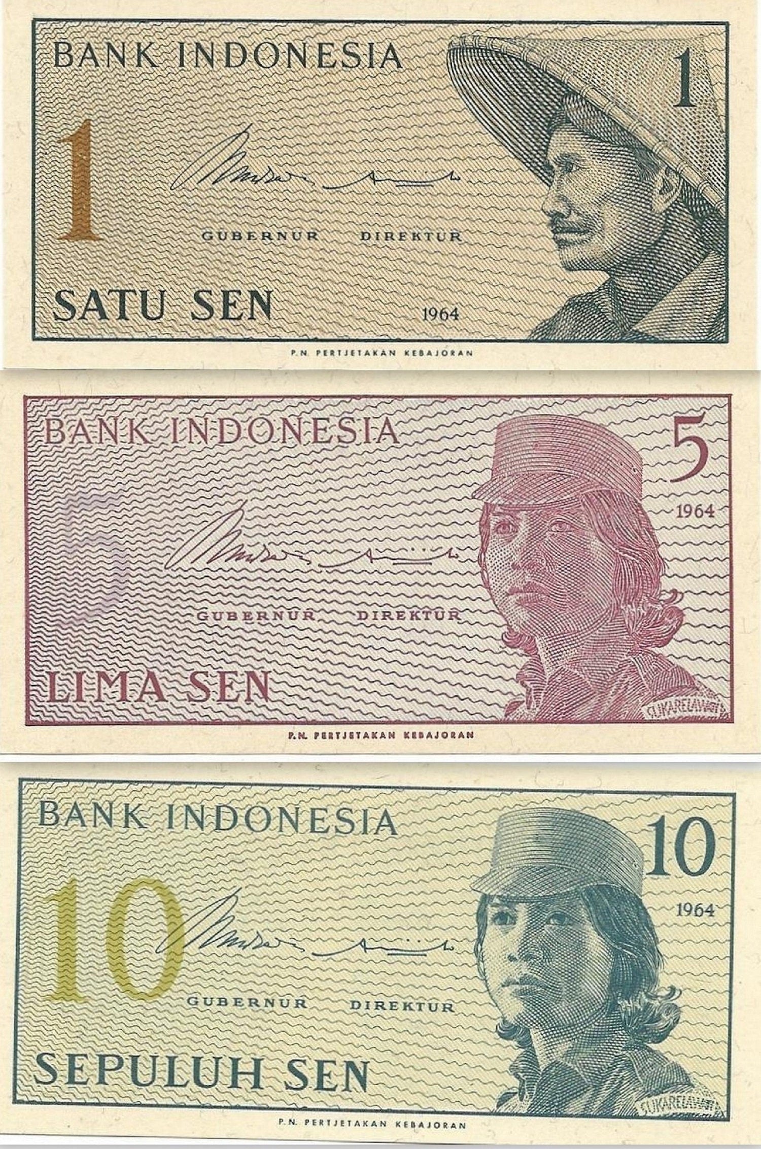 INDONESIA ~ 3 Note Set: P- 90; 91; 92 , UNCIRCULATED from 1964; Small Notes; Old Set