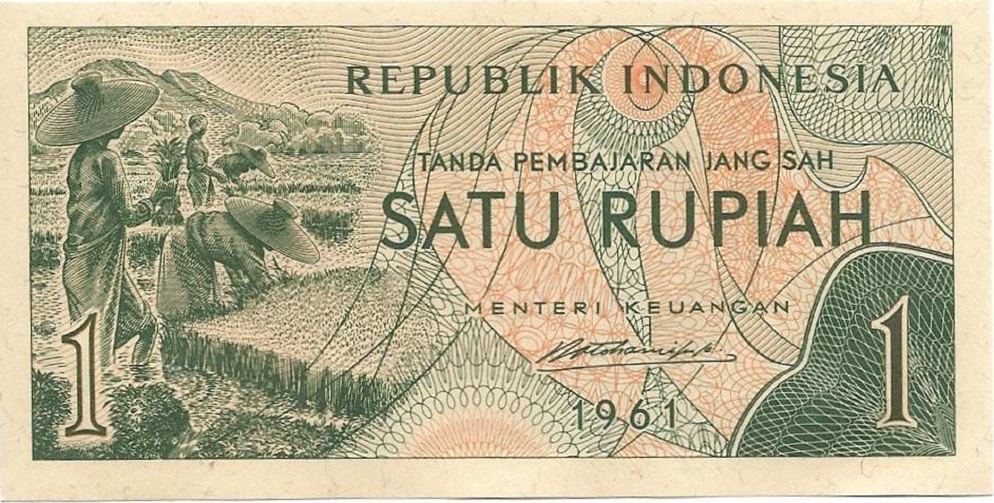 INDONESIA 1 Rupiah Banknote; P- 78, UNCIRCULATED from 1961 featuring Rice Workers