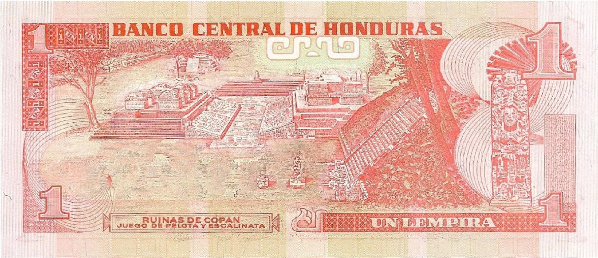 HONDURAS 1 Lempira Banknote; P - 79A; UNCIRCULATED from 1997 featuring the Myan Ruins of Copan
