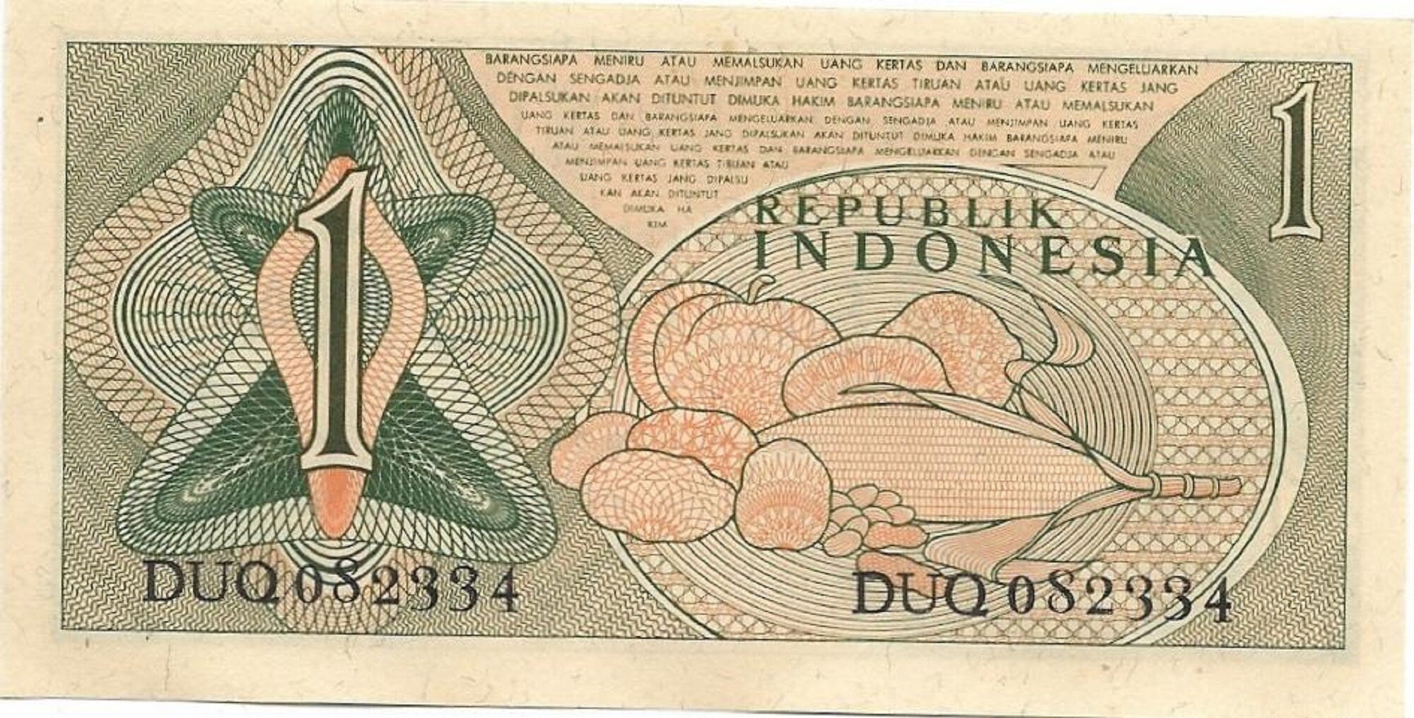 INDONESIA 1 Rupiah Banknote; P- 78, UNCIRCULATED from 1961 featuring Rice Workers