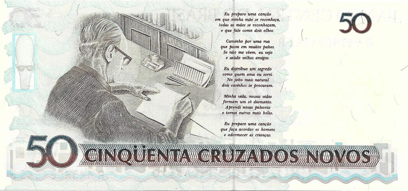 Brazil 50 Cruzeiros OVERPRINT on 50 Cruzados Novos Banknote; P - 223; UNC from 1990 ~ Poetry Writer featured; Great historical note