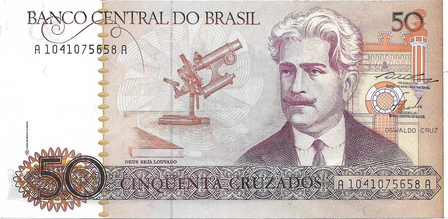 Brazil 50 Cruzados Banknote; P - 210a; UNC from 1986 ~ Scientist featured