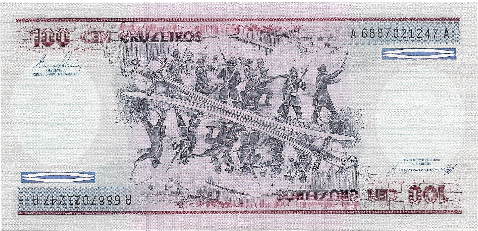 Brazil 100 Cruzeiros, P-198b; UNC, 1984 ~ Battle Scene & sword featured; Unique MIRROR IMAGE banknote