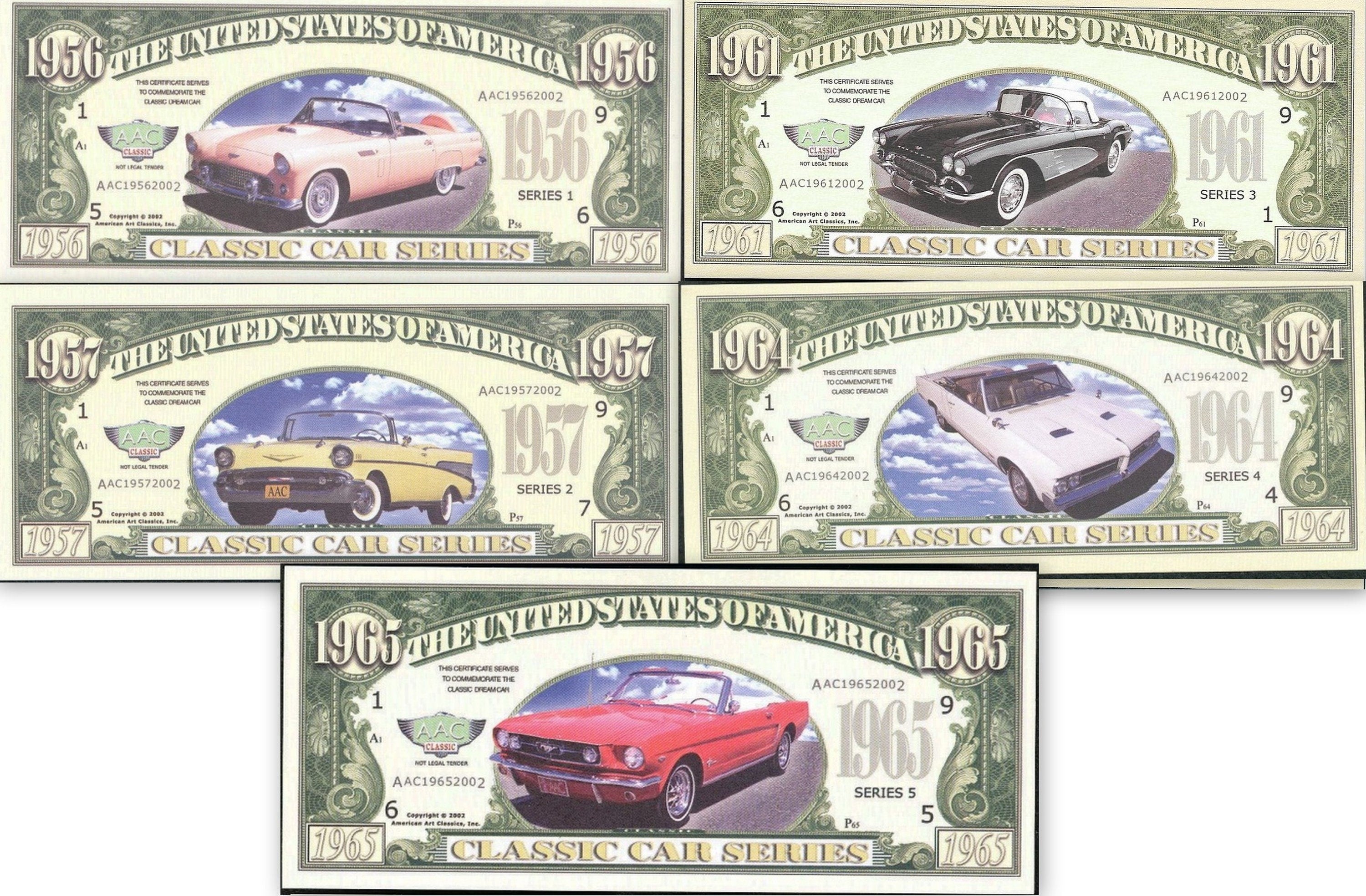 LOT of 5 CLASSIC CARS Series Fantasy Notes ~ Features 5 Vintage Beloved Cars