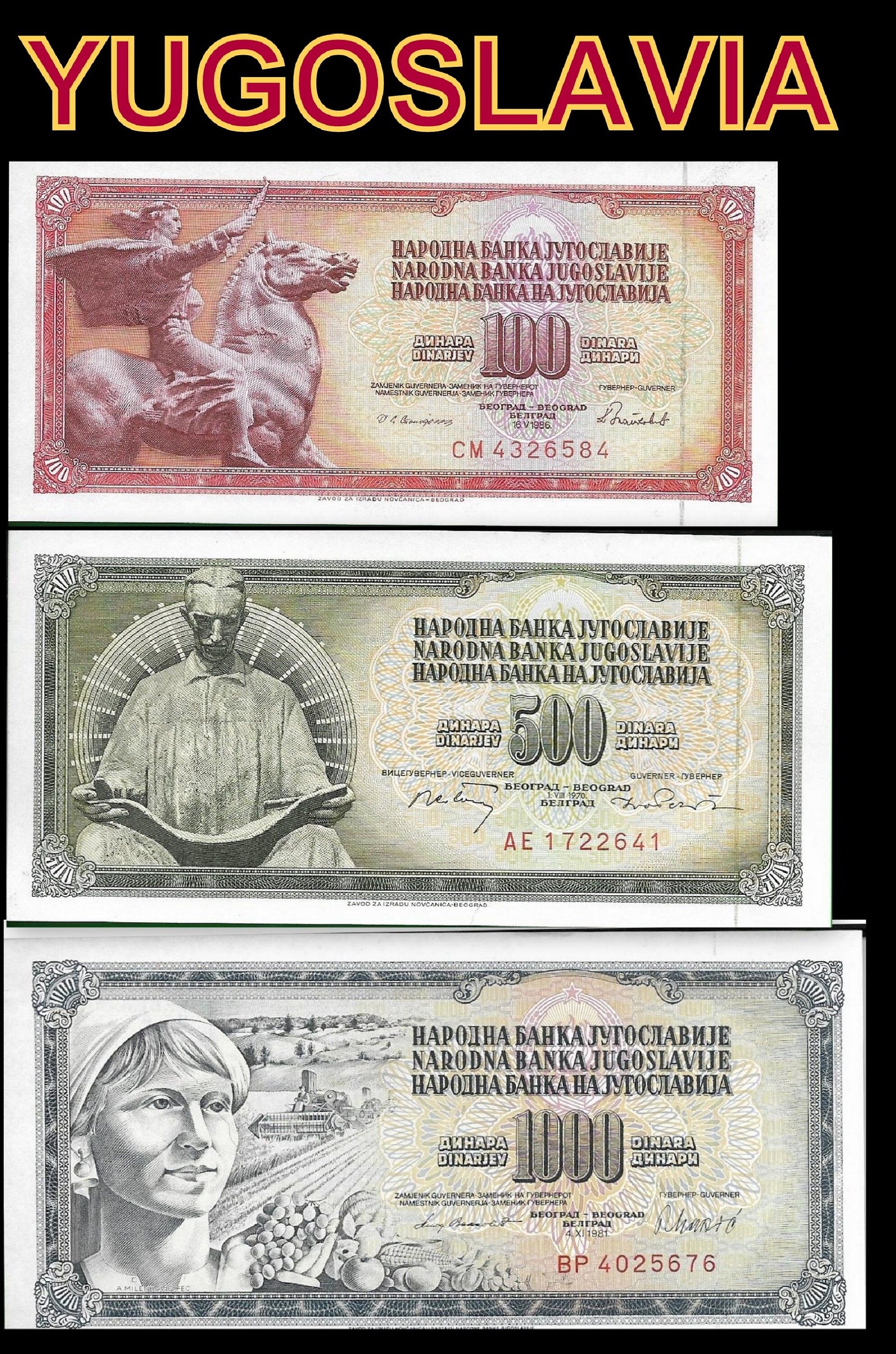 YUGOSLAVIA - Lot of 3 Banknotes from 1970's and 1980's; Features Nicola Tesla & Peace Statue