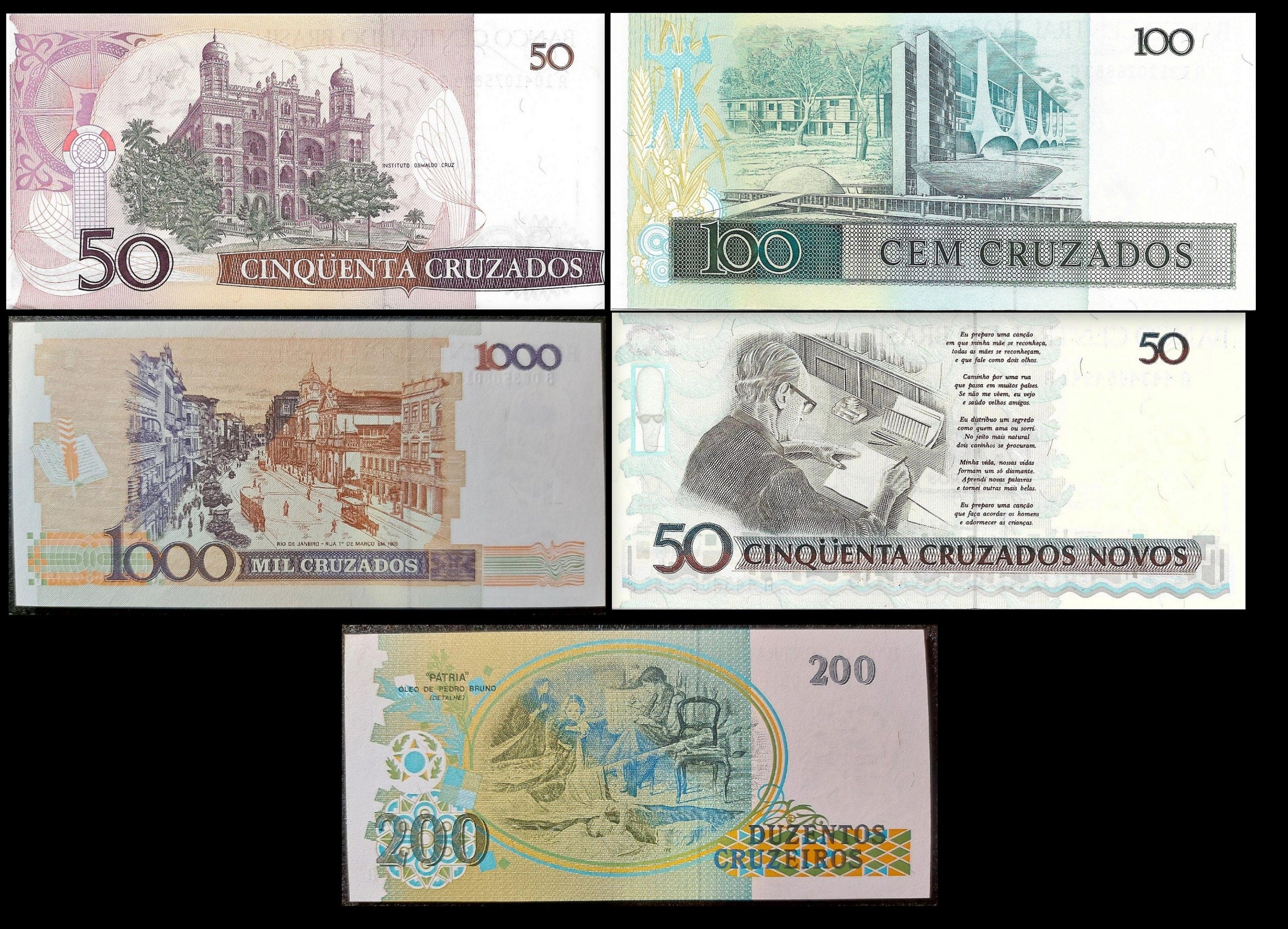 BRAZIL 5 Banknote SET; 10 Cruzados to 200 Cruzeiros; Uncirculated 1986 -90; Historical Set