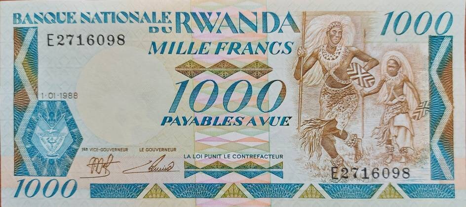 RWANDA 1000 Francs Banknote; P-21; UNCIRCULATED from 1988; Featuring Eastern Gorillas and Watusi Warriors