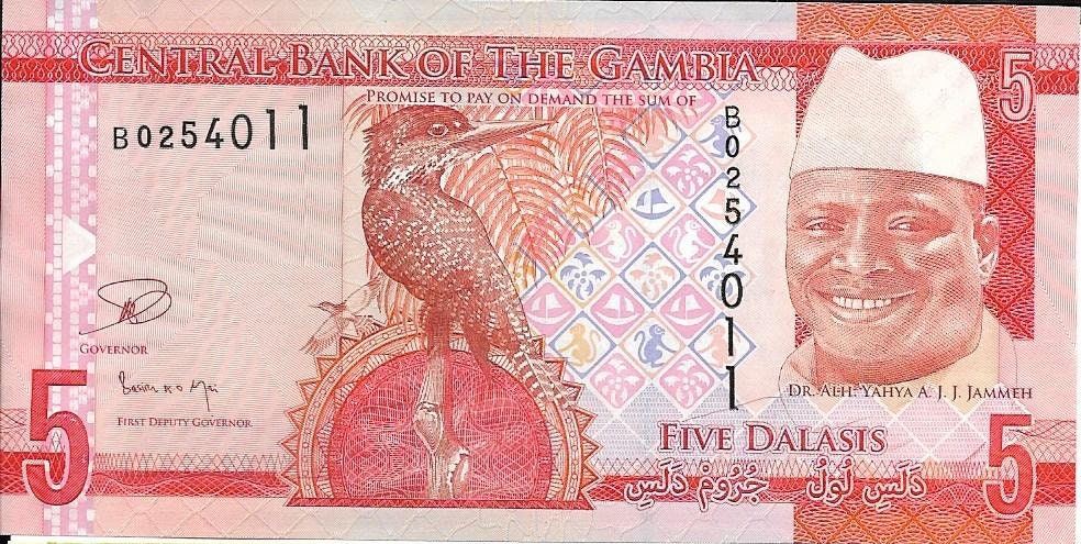 GAMBIA 5 Dalasis Banknote; P -31, UNCIRCULATED; Featuring a Giant Kingfisher and Cattle; a CROCODILE Head as Watermark