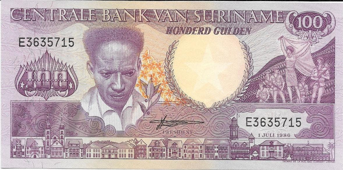 SURINAME 100 Gulden Banknote; P- 133a, UNCIRCULATED; From 1986 featuring a Toucan